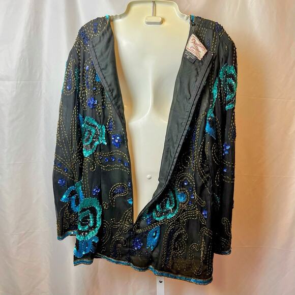 Fantasy by Lisa Kane Vintage XL Silk Beaded Top Black Blue Sequin Floral Beaded - Picture 4 of 16